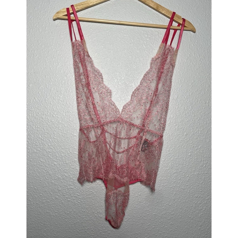 Victoria's Secret Bodysuit Womens Large Lace Pink Sheer Lingerie‎ Teddy Intimate
